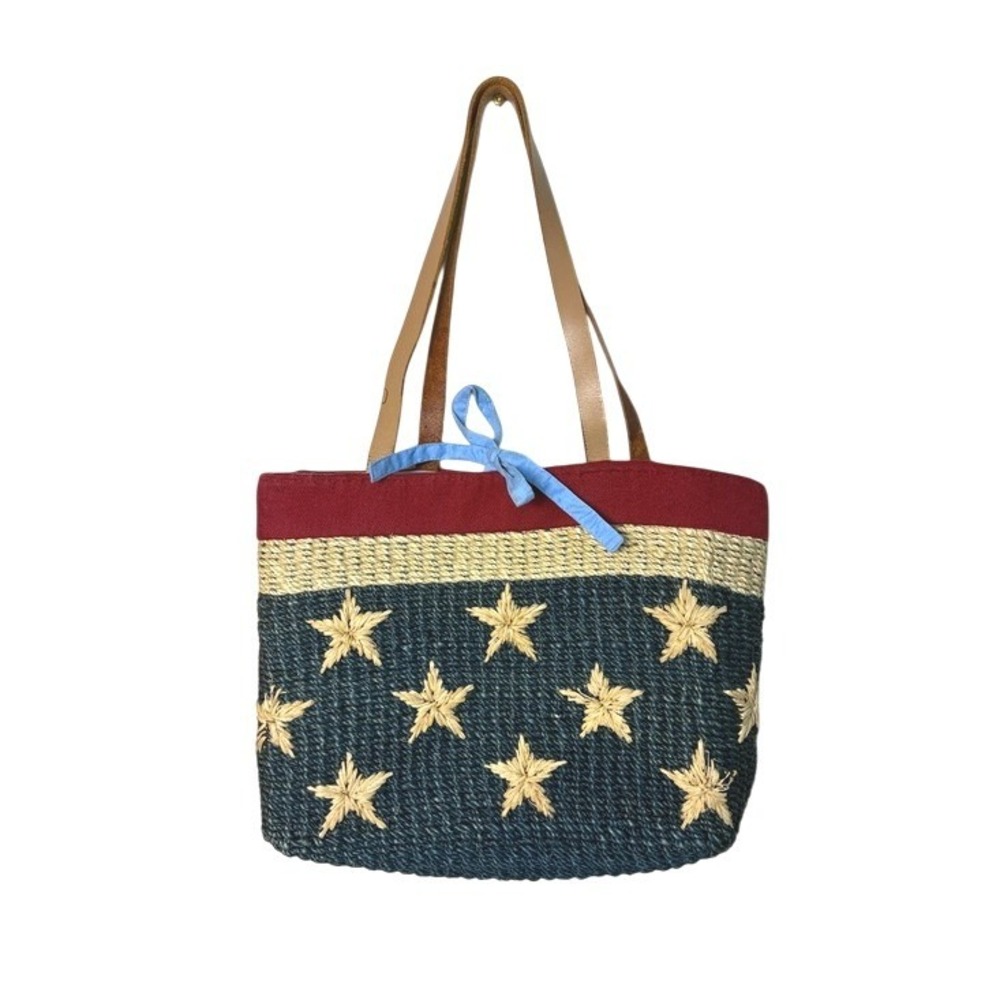 Vintage Natural Straw Tote USA Stars and Stripes Cotton Lining Leather Straps